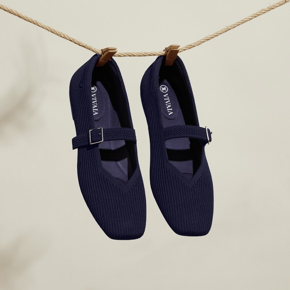 Vivaia Shoes - VIVAIA Margot Mary Jane Navy Blue Knit Square Toe Buckle Strap Flats Shoes 11